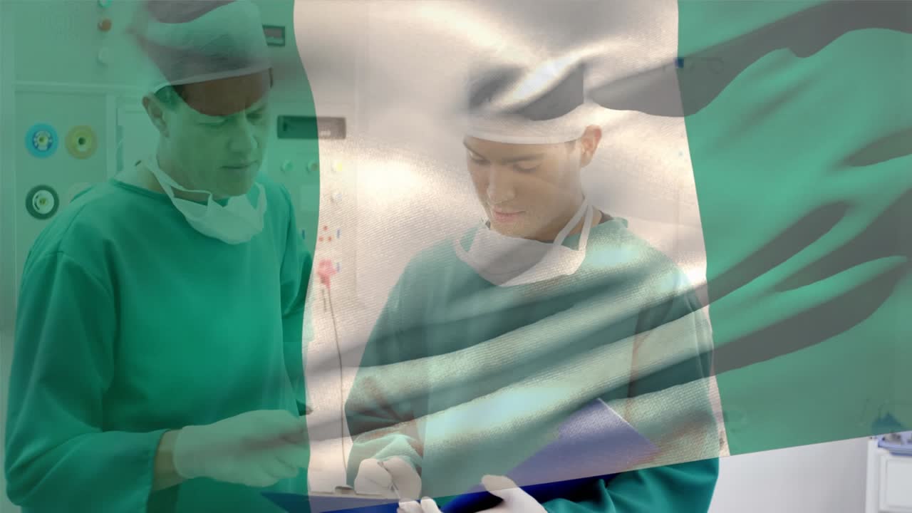 Animazione di una bandiera nigeriana che sventola, diversi chirurghi discutono dei referti dei pazienti nella sala operatoria
