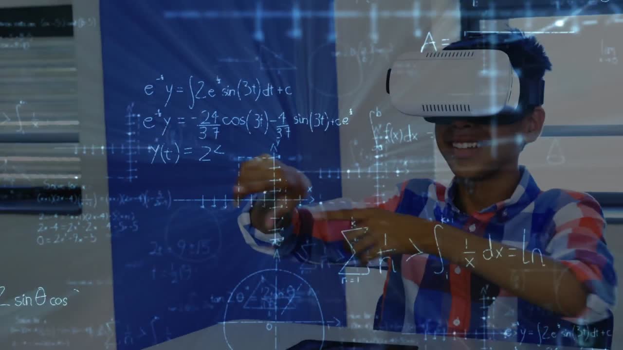 Mathematical equations floating against african american boy wearing vr headset at elementary school