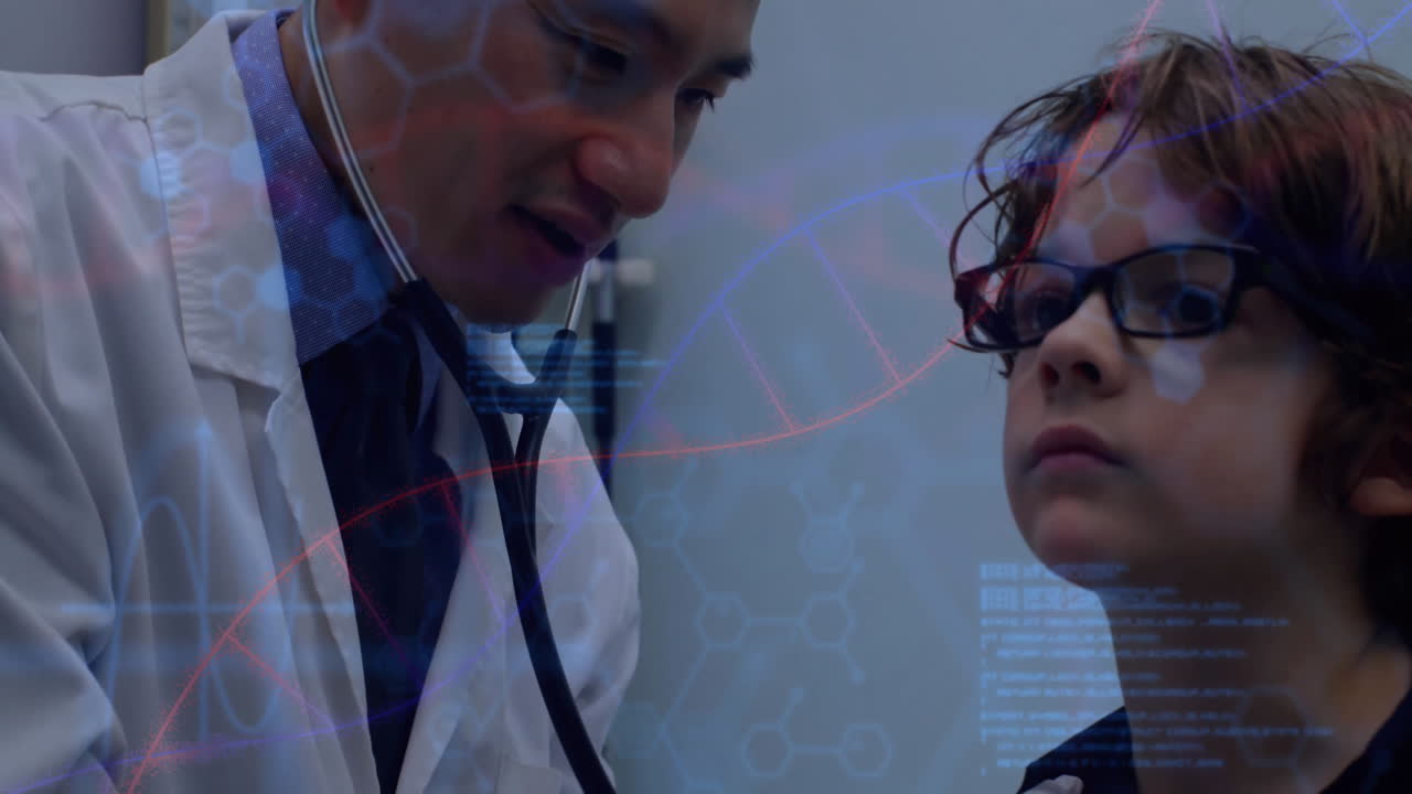 Male doctor listening boy chest in medical examination, displaying animated heart icon and chart