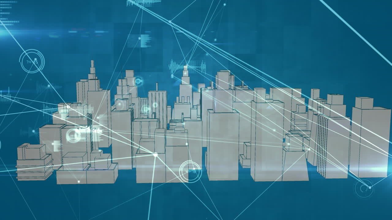 animación de la red de conexiones sobre la ciudad digital sobre fondo azul