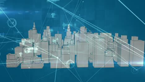 animación de la red de conexiones sobre la ciudad digital sobre fondo azul