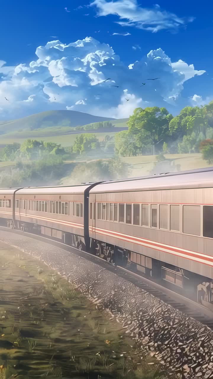 Vertical video: Coach rolling along rural track, pulled by engine, bogies visible, carrying people