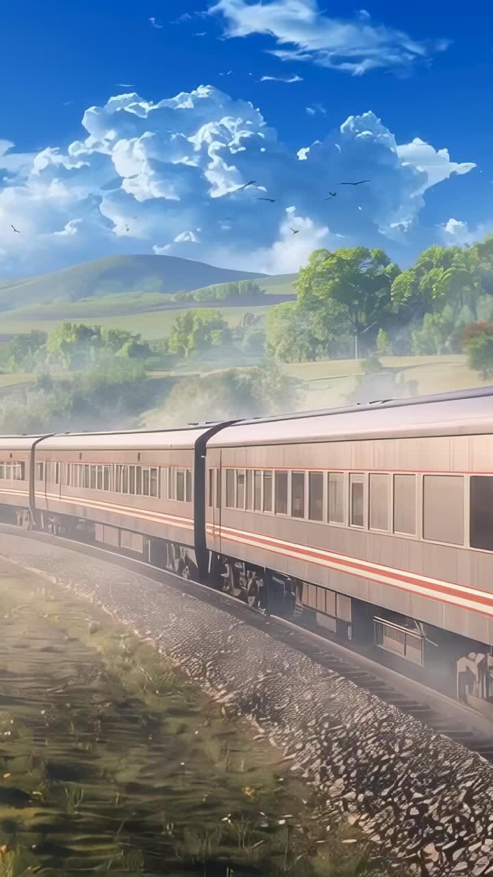 Vertical video: Coach rolling along rural track, pulled by engine, bogies visible, carrying people