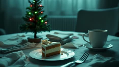 cozy holiday table setting with dessert, festive decorations, and warm ambiance for celebration