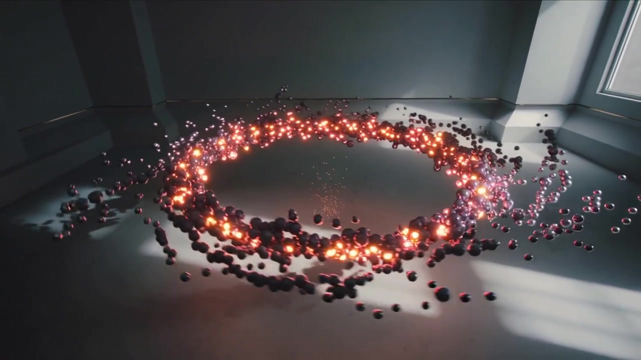 Striking concentrated orange beam creating sparks on smooth gray floor, forming hovering ember ring