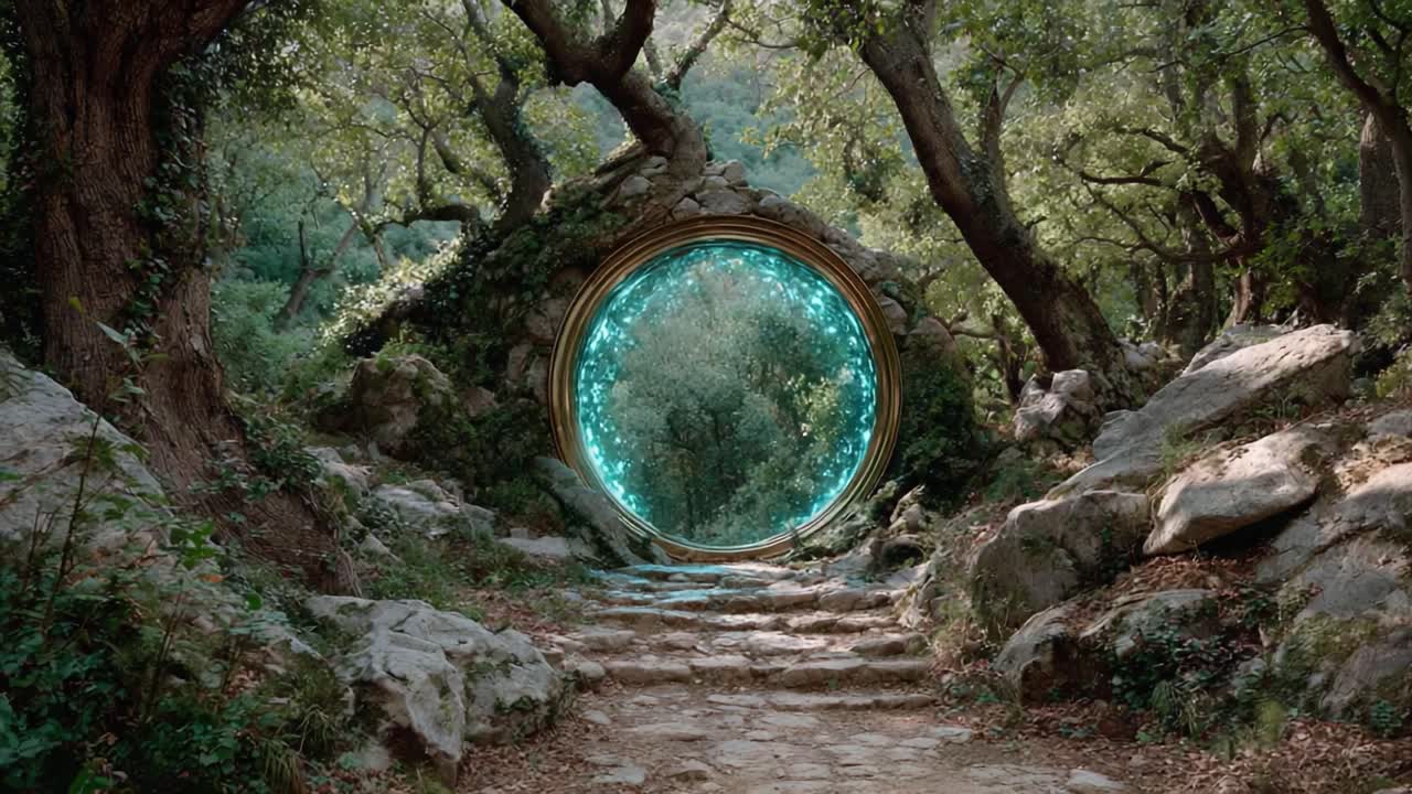 A Mystical Gateway: Exploring the Enchanted Portal Framed by Lush Greenery and Winding Stone Pathways in a Serene Forest Setting