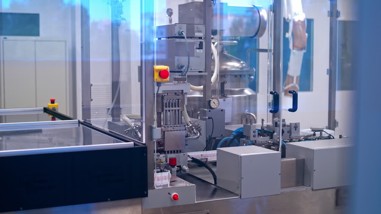 Production of pills. Automatic industry of making tablets. Robotic pharmaceutical equipment inside the plant.
