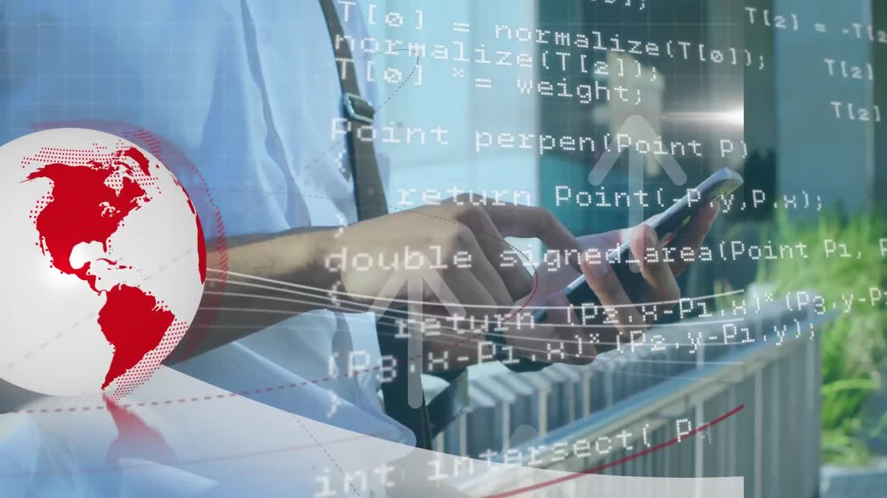 animación del procesamiento de datos y el mundo sobre el hombre de raza mixta usando un teléfono inteligente