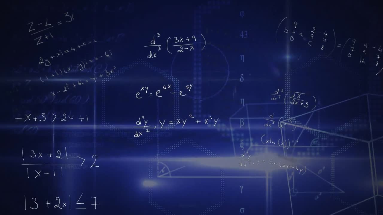 수학적 방정식과 기하학적 모양이 블루백그라운드에 대해 움직입니다.