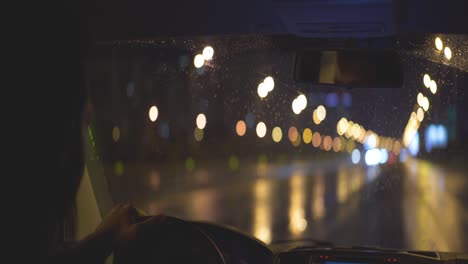 the young man driving the car on the night rainy road