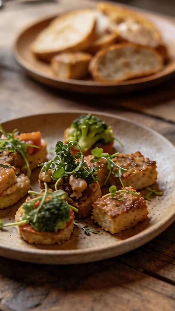 Video verticale: Una mano che entra, posiziona micro-ortaggi, broccoli, uno chef guarnisce bocconcini dorati su un tavolo.