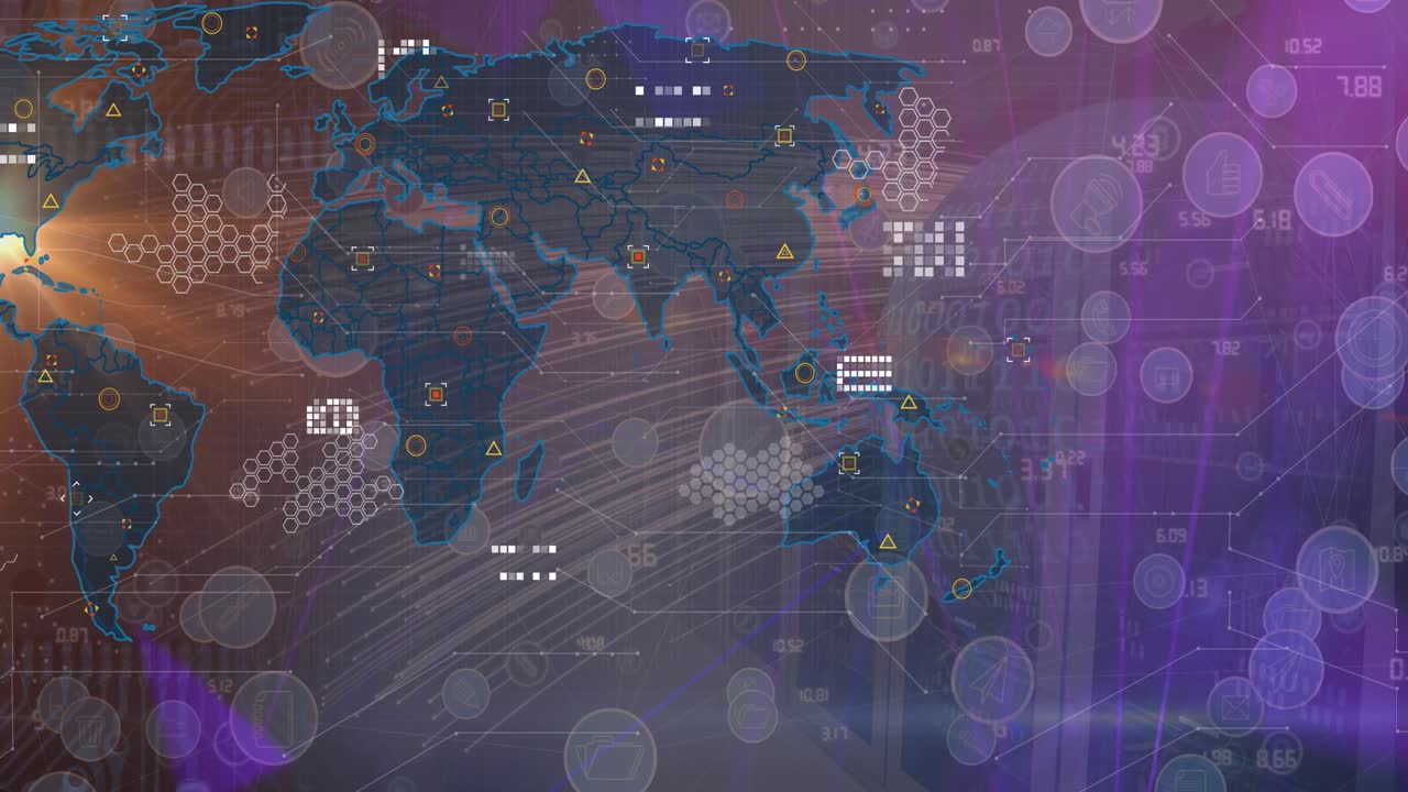 Animation of world map with data processing over network of connections with icons