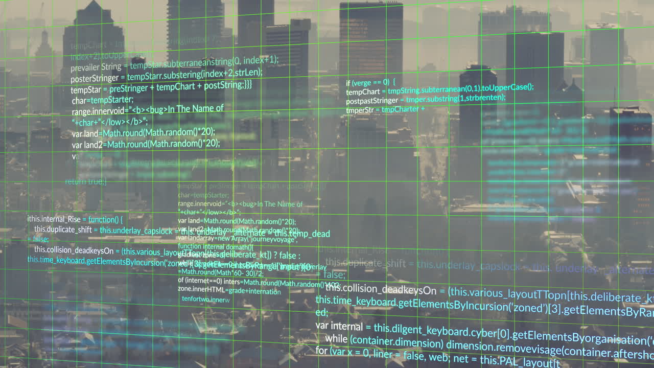 Animation of computer language and grid pattern over aerial view of modern city against sky