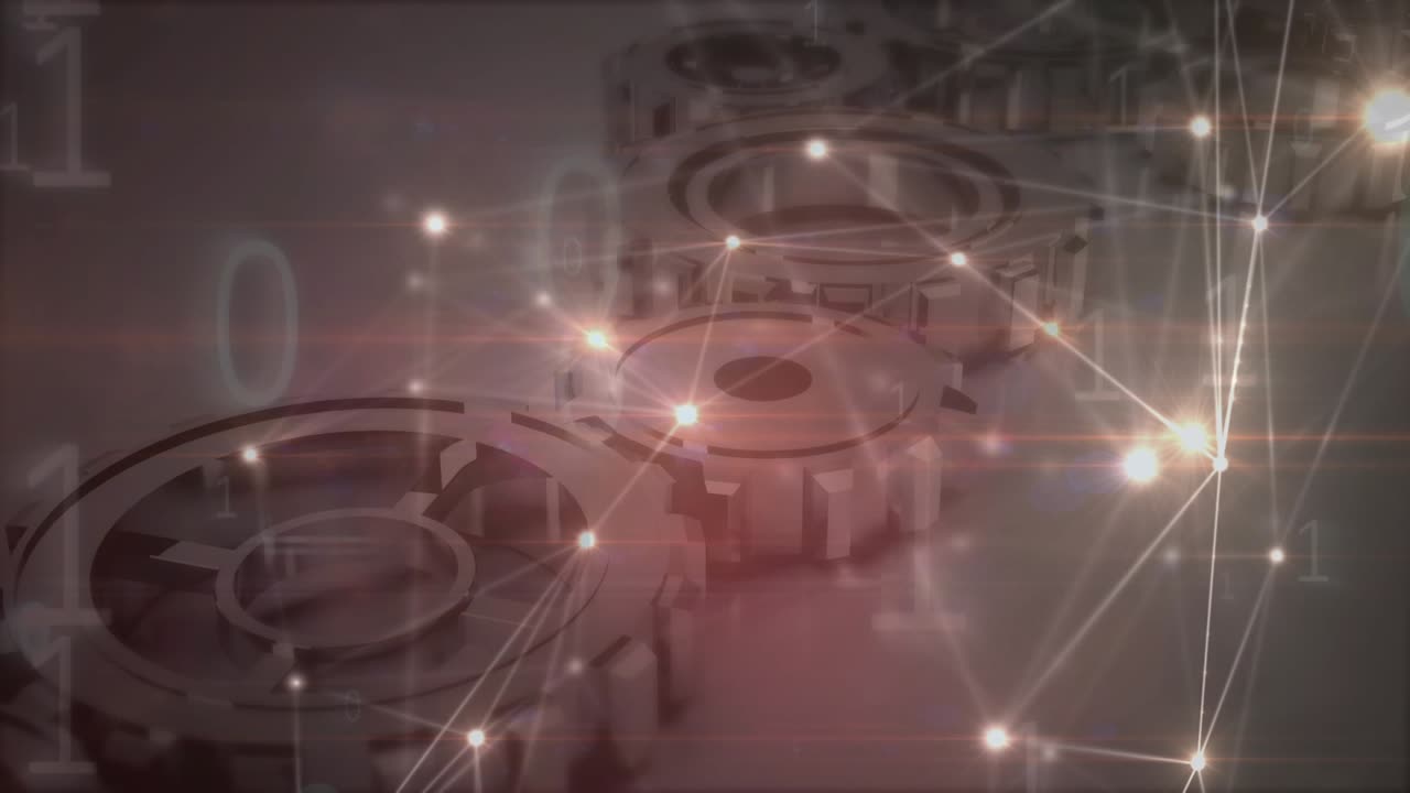 Animazione di rete di connessioni con punti luminosi ed elaborazione dati su ingranaggi