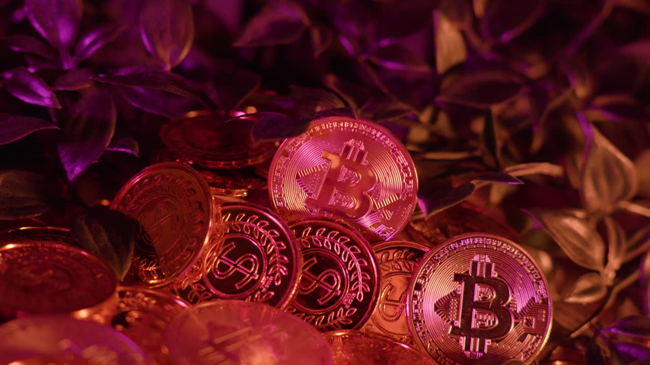 slow motion shot of a large collection of golden bitcoins on a table