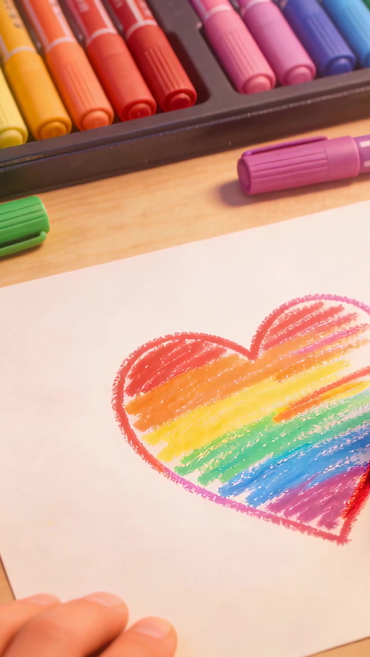 Vertical video: Coloring bare hand entering frame filling heart on desk with pens finishing rainbow