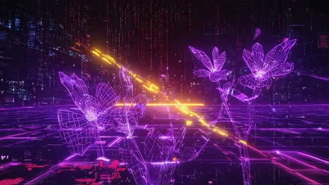 neon wireframe flowers in a futuristic cyberpunk cityscape