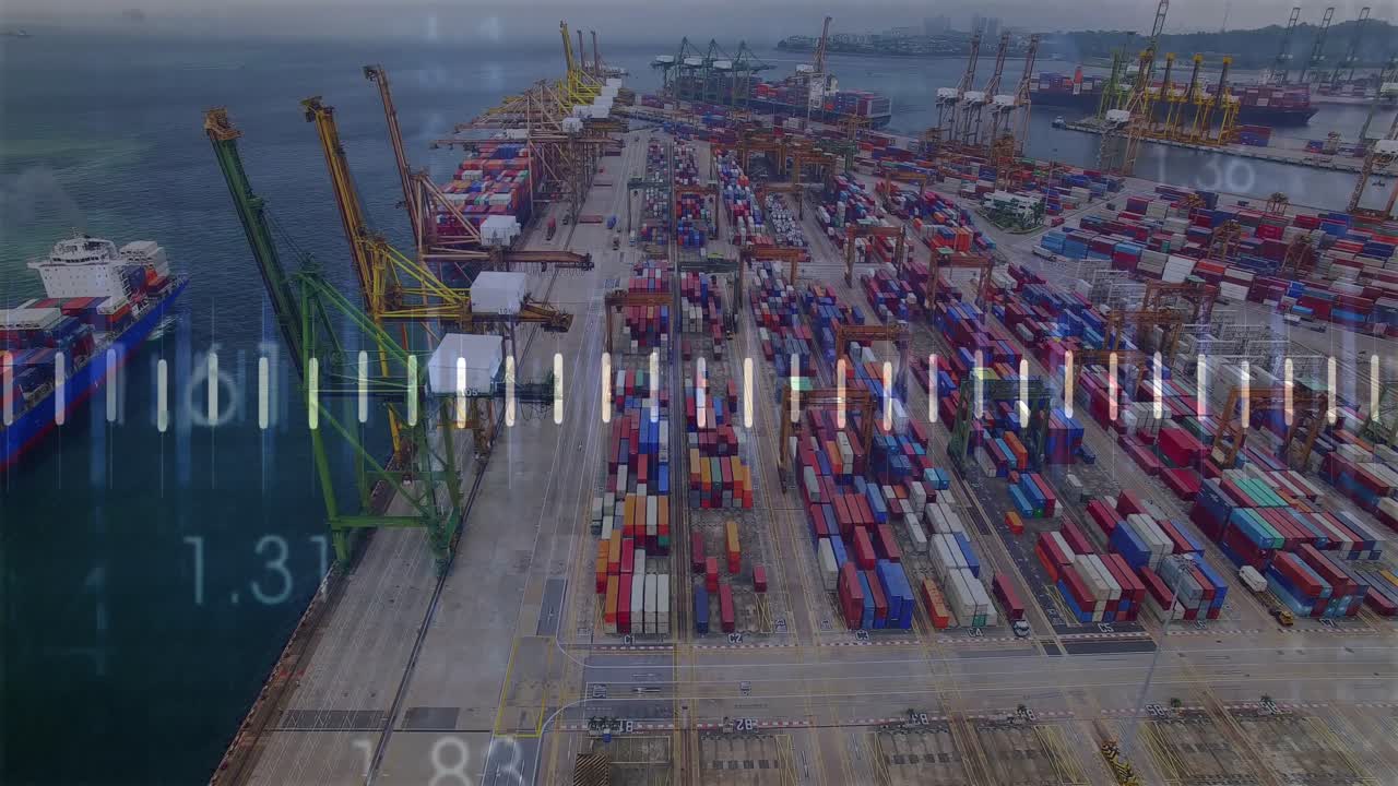 Animation of statistics processing with lines over shipping yard in background