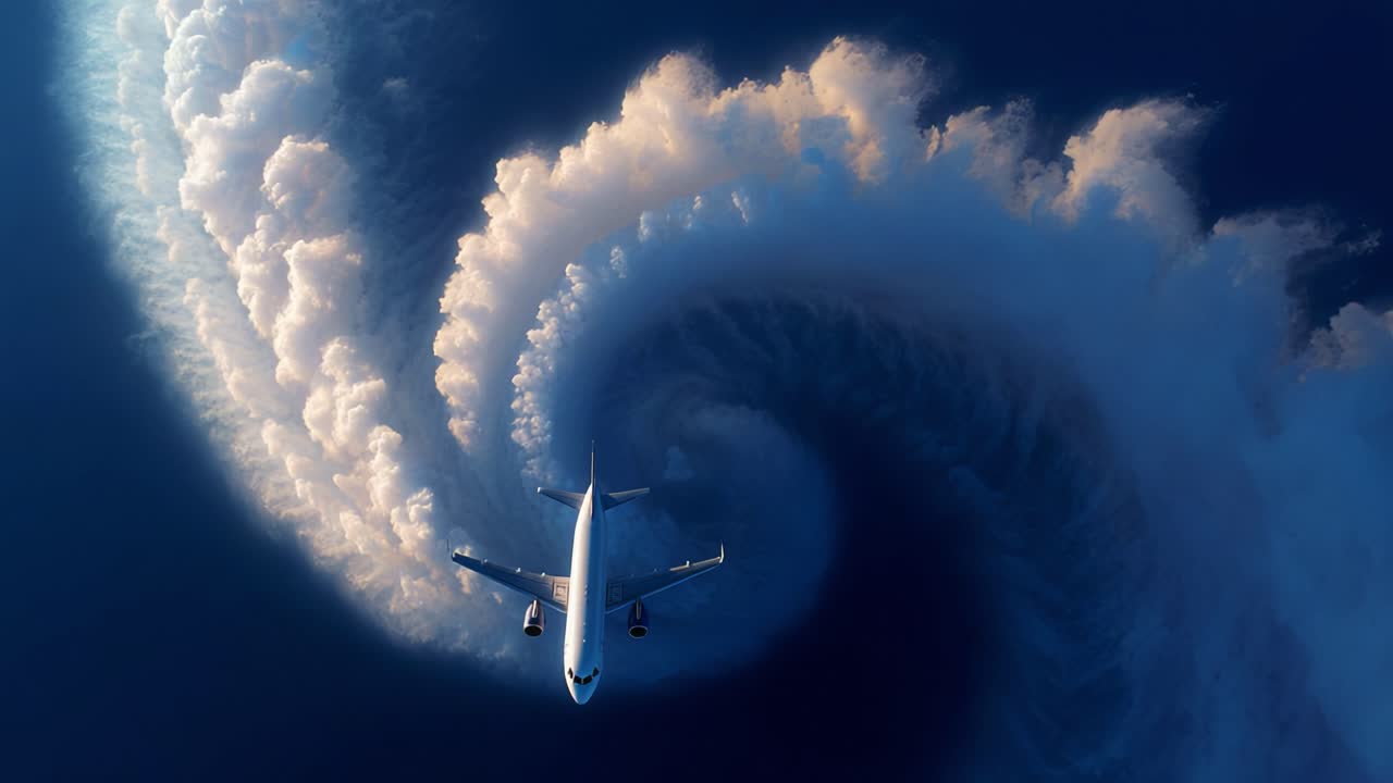 Aerial Dynamics: Captivating Swirling Cloud Patterns Created by an Airplane in Flight, Emphasizing Aerodynamics and Atmospheric Effects in a Stunning Visual Display