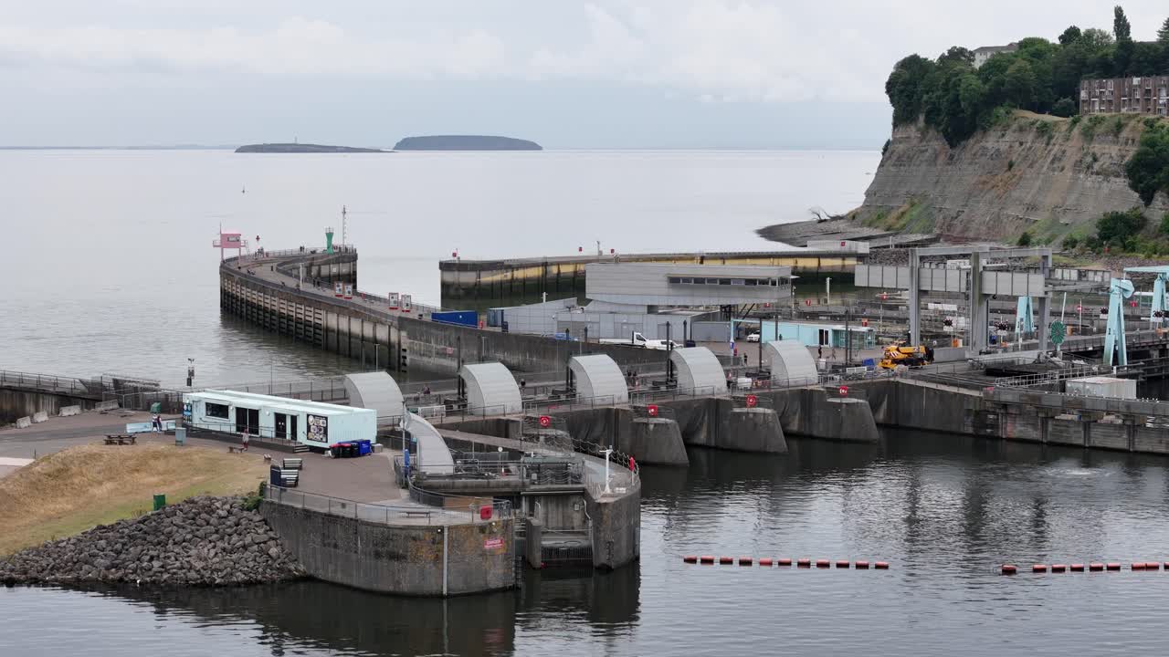 The Cardiff bay tidal barrage Panning drone aerial