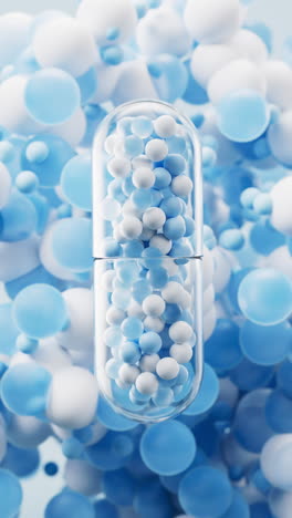 transparent capsule with particles spheres background, 3d rendering.