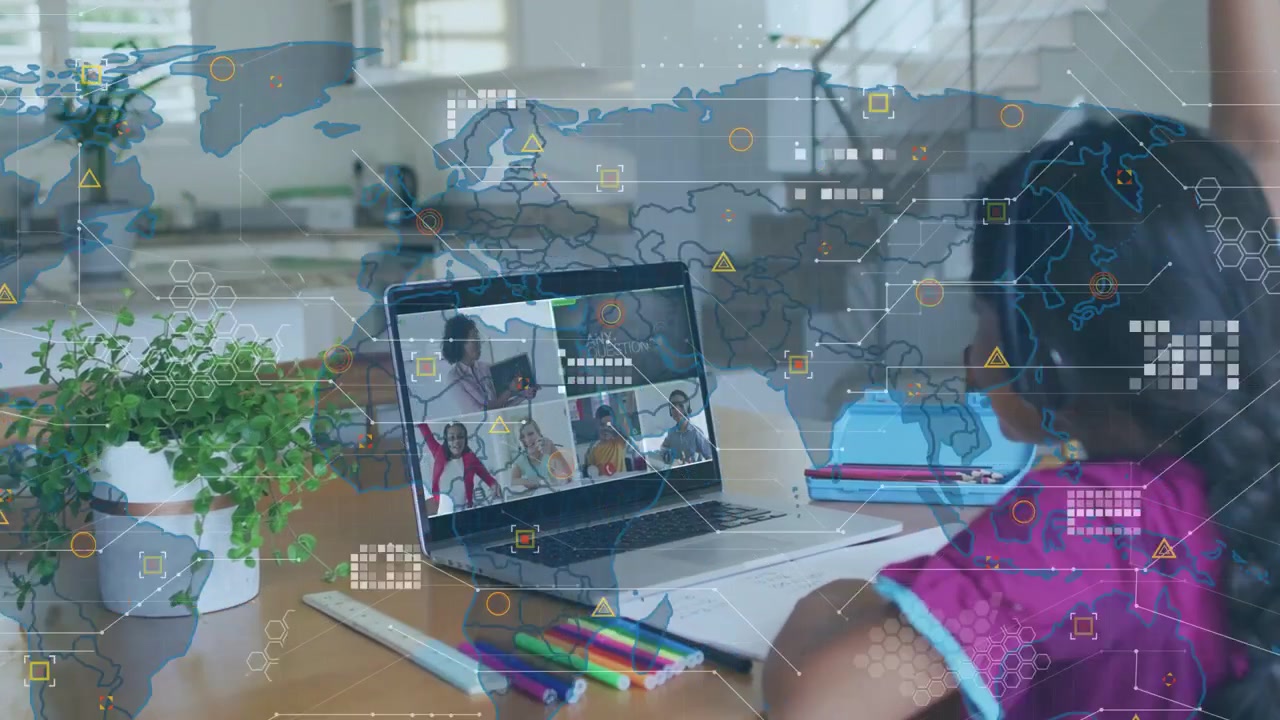 Instructor presenting, student raising hand asking, laptop HUD education map expanding