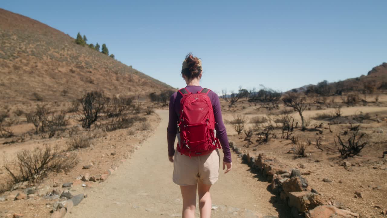 una mujer joven lleva un estilo de vida saludable y camina por un sendero de montaña, admirando el paisaje del desierto