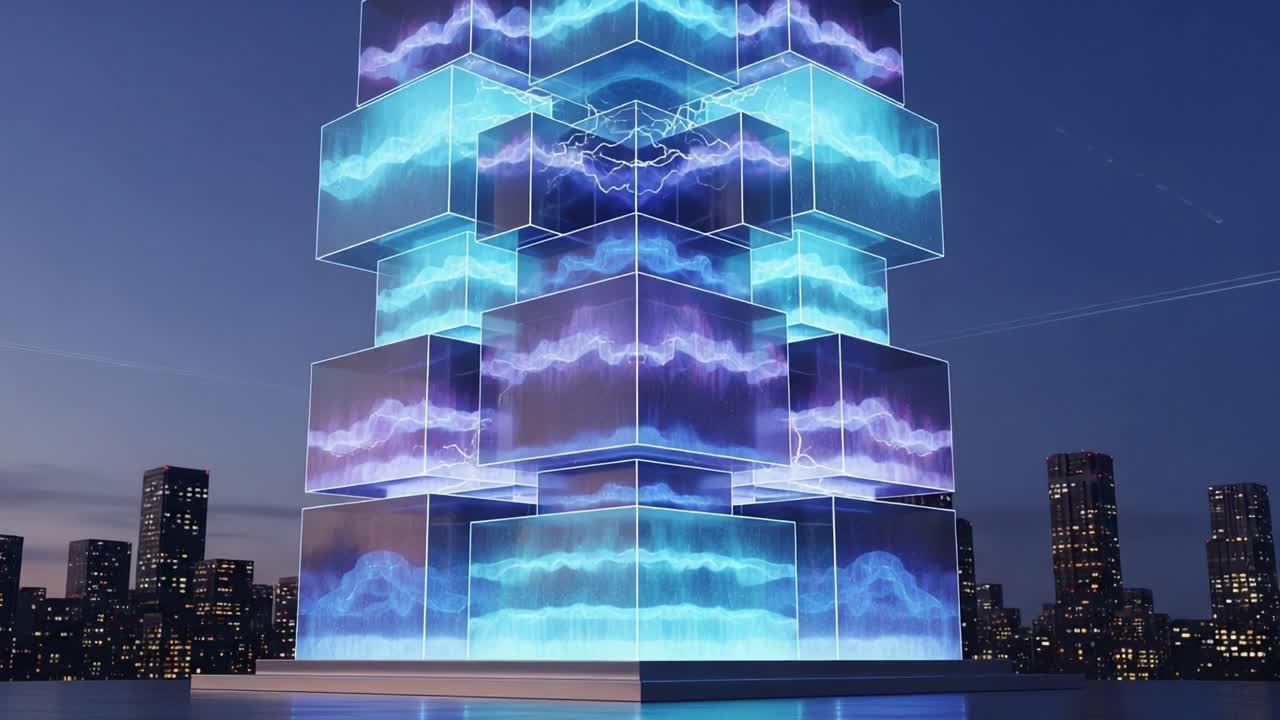 A Stunning Visual Display of Illuminated Cubes Towering Against a City Skyline, Showcasing Vibrant Blue and Purple Patterns, Capturing a Moment of Digital Artistry Amidst Urban Modernity