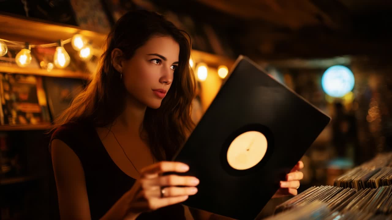 A young woman intensely examines a vinyl record in a warm, dimly lit record store filled with nostalgic music memorabilia and ambient lights, capturing a moment of joy and discovery in the art of vinyl collection