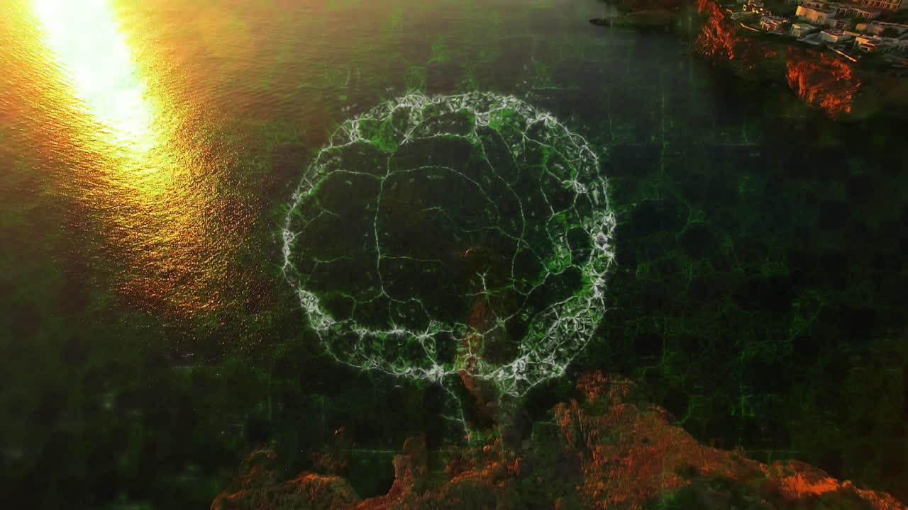 Aerial view of rocky coastline with animation of circular network pattern