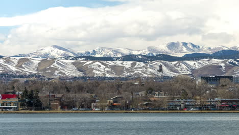 time lapse of the sloan lake shoreline in denver, colorado with snow covered rocky mountains in the background