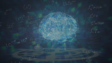 animation of rotating brain and math formulas on navy background