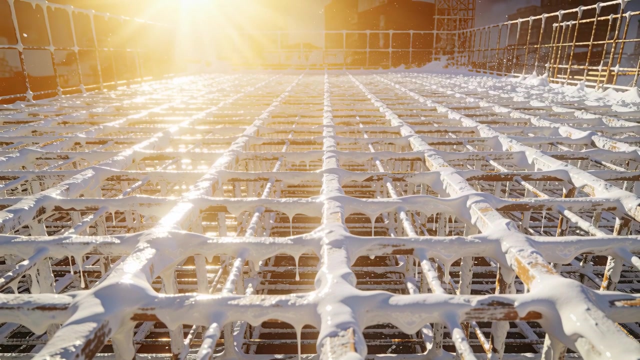 Settling white coating forming drips on rebar after application on slab with low sun and railings