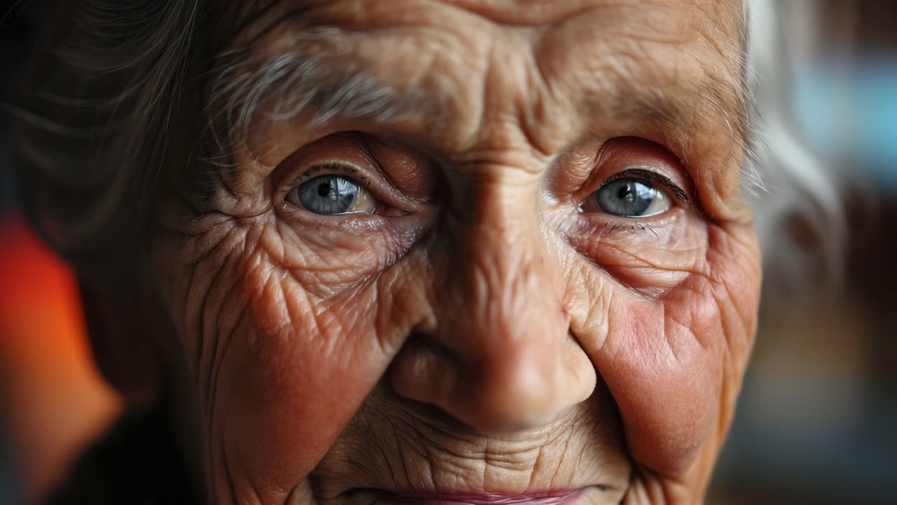 Wrinkled face of a senior woman revealing the effects of aging on skin, reflecting themes of time, longevity, and the rich tapestry of human experience throughout the years
