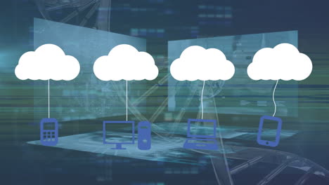 animación de nubes con iconos de medios sobre pantallas digitales y cadena de adn