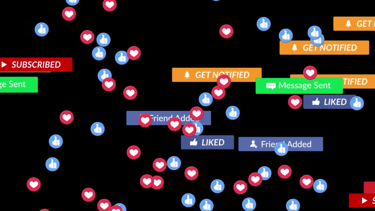 검은 바탕에 디지털 아이콘이 있는 배너에 있는 소셜 미디어 텍스트의 애니메이션