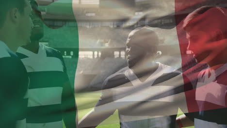 animation of flag of italy over diverse rugby players at stadium