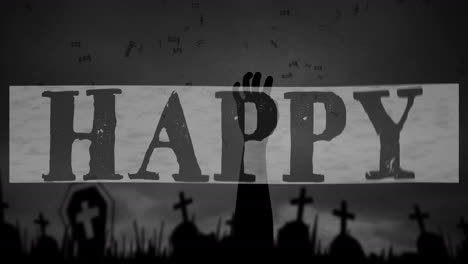 animación digital de banner de texto feliz de halloween contra la mano zombi que sale del cementerio