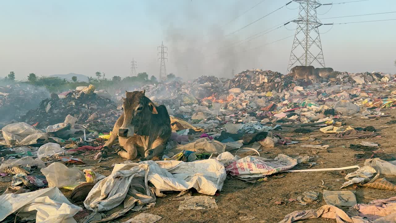 A sick cow is sitting just next to the garbage fire on the open dump yard