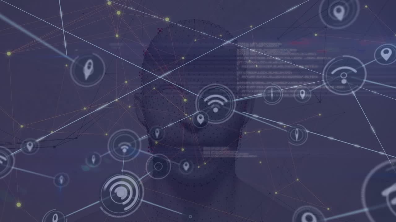 Animation of network of connections with icons and data processing over digital human head