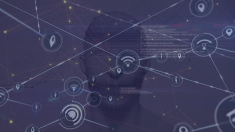 animación de la red de conexiones con iconos y procesamiento de datos sobre la cabeza humana digital