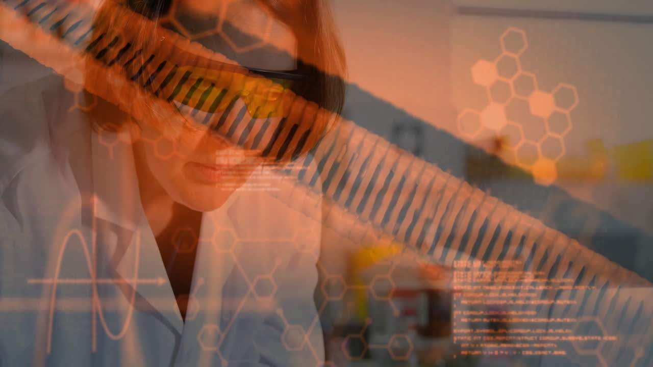 Scientist wearing goggles working in lab with DNA and data overlay animation