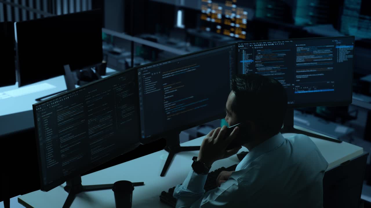 Side View Of Asian Man Developer Talking On Mobile Phone While Write Code With Multiple Computer Screens In The Office