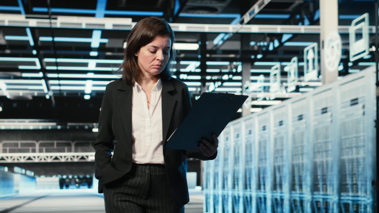 Manager del Data Center che ispeziona hardware rackmount a rete wireframe blu