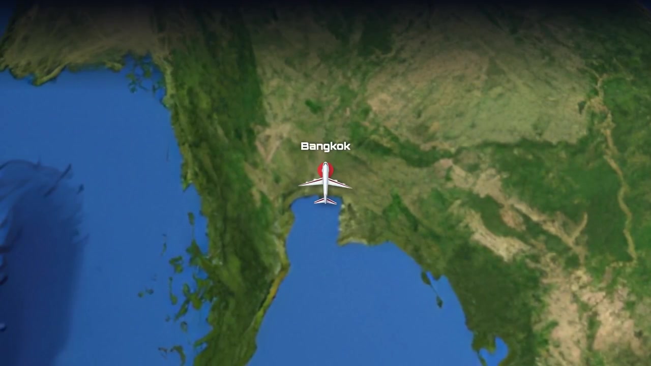 旅客機がバンコク（タイ）からマイアミ（フロリダ）まで3D地球儀上を飛行する