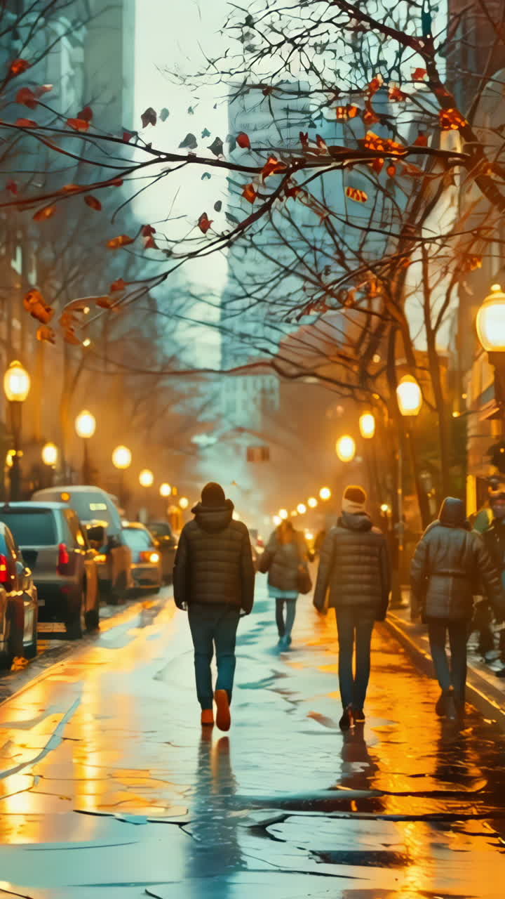 Evening Stroll Through a Rainy City Street in Autumn. People walk along ...