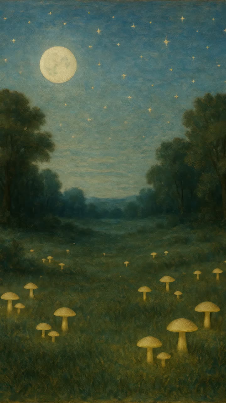 Video concept stravagante di una foresta illuminata dalla luna con funghi luminosi