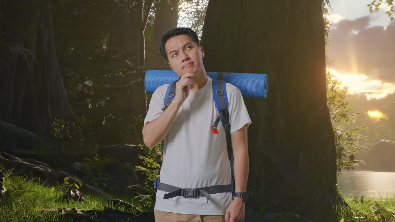 숲에서 하이킹하는 남자