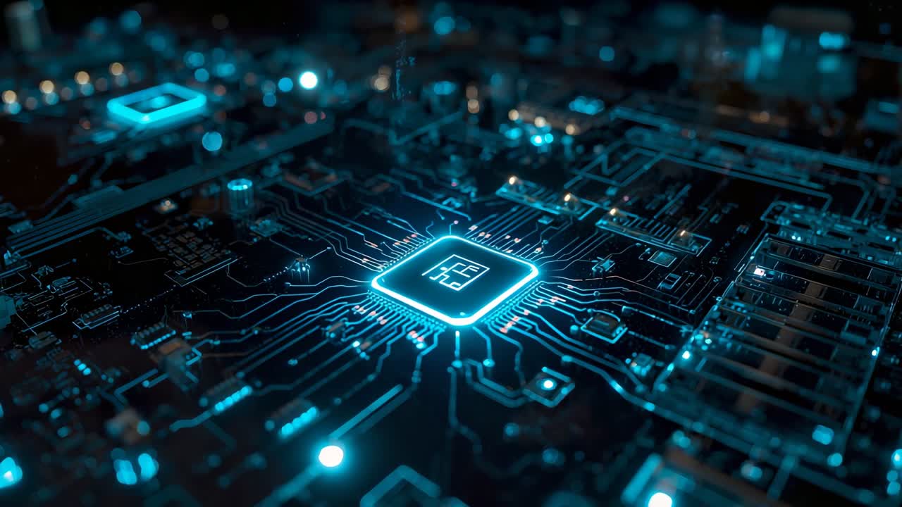 Central microchip receiving power pulsing neon-blue glow on motherboard, illuminating etched traces