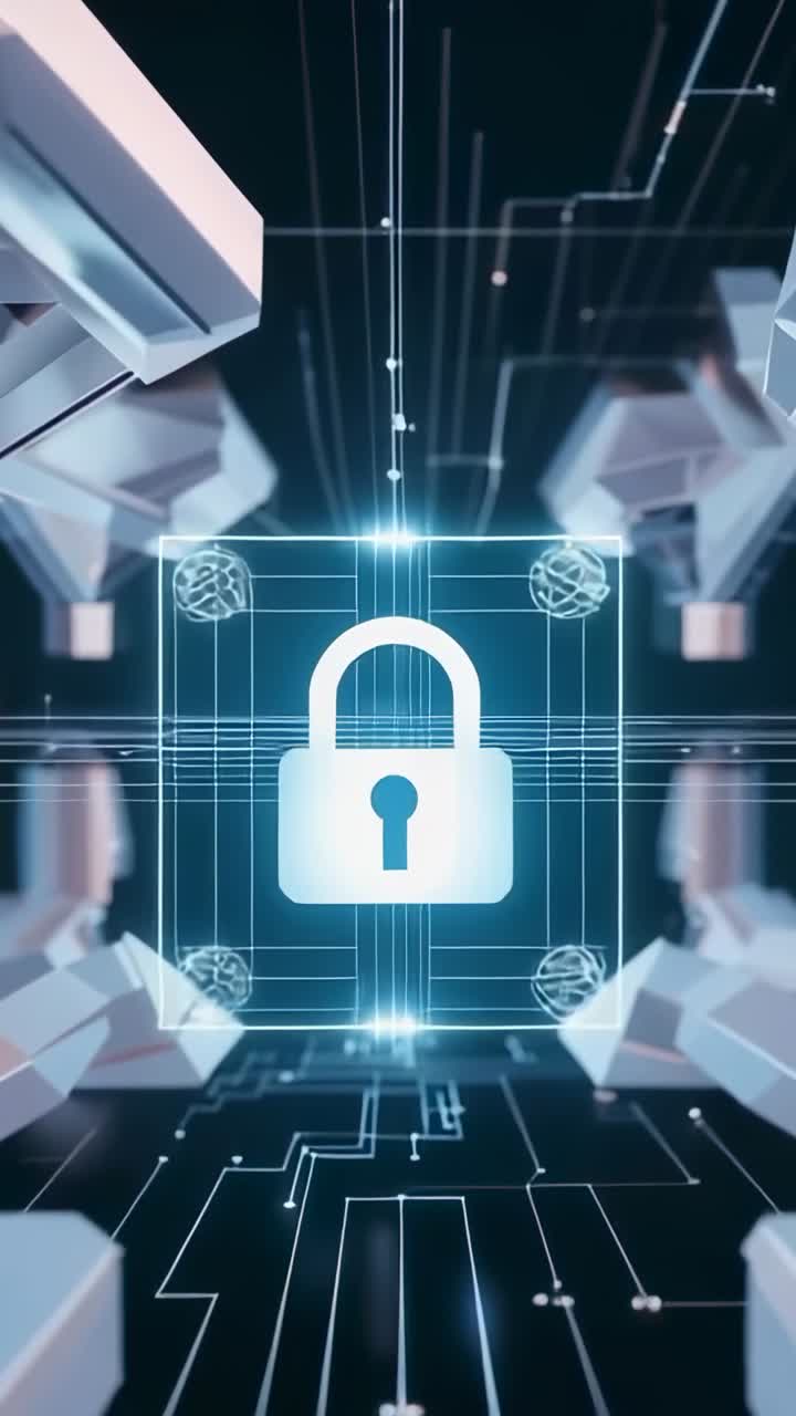 Vertical video: Pulsing padlock icon reinforcing glowing square grid in circuit network, with nodes